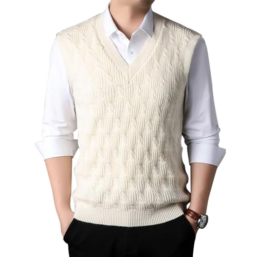 MANBOZIXi Herren Strick Pullunder V-Ausschnitt, Jacquard Strickweste, Strickpulli Herren Ärmellos, Weiß L von MANBOZIXi