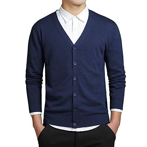 MANBOZIXi Herren Strickjacke mit Knöpfen V-Ausschnitt Strick Cardigan, Blau L von MANBOZIXi