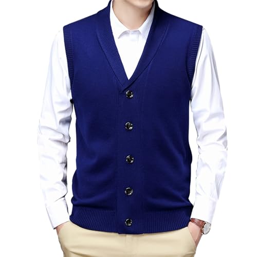 MANBOZIXi Herren Strickweste Strickjacke ohne Ärmel V-Ausschnitt Pullunder mit Knöpfen, Blau XL von MANBOZIXi