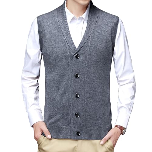 MANBOZIXi Herren Strickweste Strickjacke ohne Ärmel V-Ausschnitt Pullunder mit Knöpfen, Hellgrau XL von MANBOZIXi