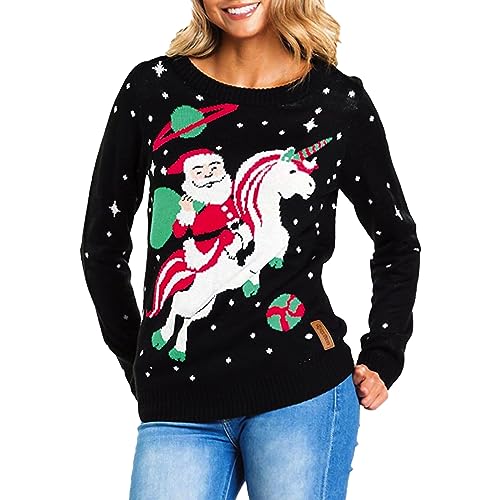 MANBOZIXi Pullover Damen Weihnachten, Strickpullover Winter, Warm Pulli, Einhorn/Schwarz L von MANBOZIXi