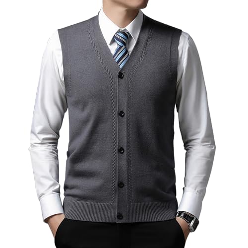 MANBOZIXi Pullunder mit Knöpfen Herren V-Ausschnitt Strickweste Strickjacke ohne Ärmel, Grau XL von MANBOZIXi