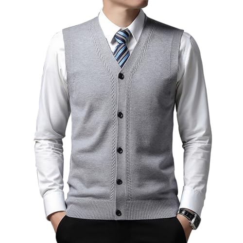 MANBOZIXi Pullunder mit Knöpfen Herren V-Ausschnitt Strickweste Strickjacke ohne Ärmel, Hellgrau 3XL von MANBOZIXi