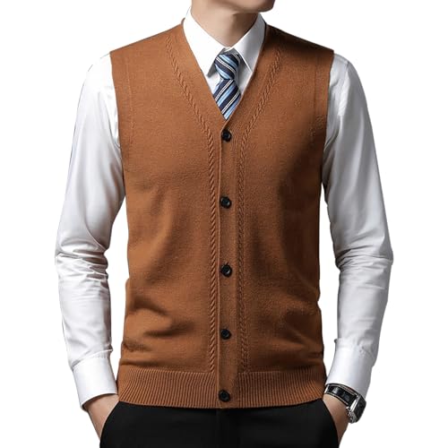MANBOZIXi Pullunder mit Knöpfen Herren V-Ausschnitt Strickweste Strickjacke ohne Ärmel, Khaki 3XL von MANBOZIXi