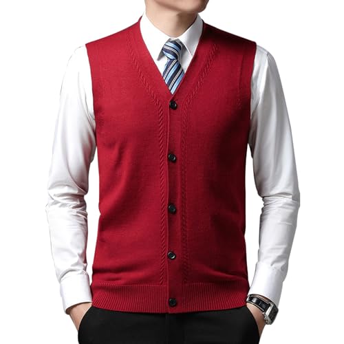 MANBOZIXi Pullunder mit Knöpfen Herren V-Ausschnitt Strickweste Strickjacke ohne Ärmel, Rot L von MANBOZIXi