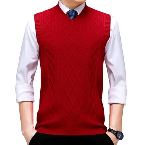 MANBOZIXi Strickeweste für Herren Wolle Jacquard Pullover, V-Ausschnitt Herren Pullunder, Rot 2XL von MANBOZIXi