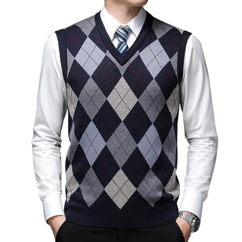 MANBOZIXi Strickweste für Herren V-Ausschnit Kariert Pullover Weste Herren Business Pullunder, Blau 2XL von MANBOZIXi