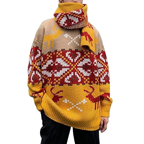MANBOZIXi Weihnachtspulli für Damen und Herren, Warm Gestrickt Pullover Rundhals, Strickpulli für Weihnachten, Gelb 2XL von MANBOZIXi