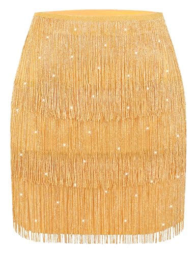 MANER Damen Fransen Rock Stretchy Sparkly Bodycon Quaste Trim Minirock, Glänzendes Gold, XX-Large von MANER