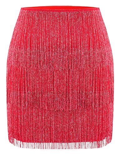 MANER Damen Fransen Rock Stretchy Sparkly Bodycon Quaste Trim Minirock, Glänzendes Rot, Klein von MANER