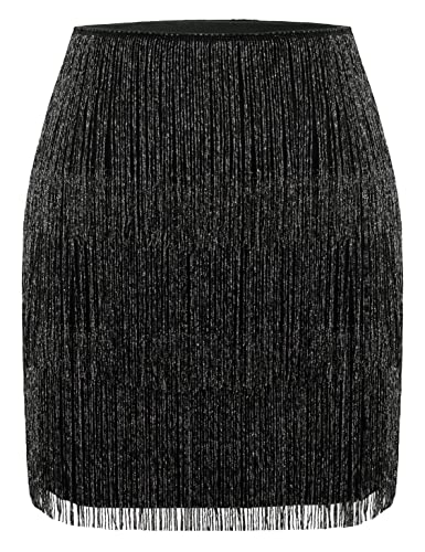 MANER Damen Fransen Rock Stretchy Sparkly Bodycon Quaste Trim Minirock, Glänzendes Schwarz, Mittel von MANER