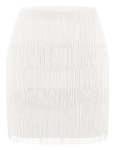 MANER Damen Fransen Rock Stretchy Sparkly Bodycon Quaste Trim Minirock, Weiss/opulenter Garten, Klein von MANER