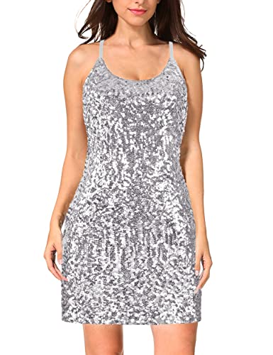 MANER Damen Glitzer Pailletten Modefest Tanzkleid Verstellbar Spaghetti Strap Sparkle Party Kleider, silbergrau, X-Groß MANER Damen Glitzer Pailletten Modefest Tanzkleid Verstellbar Spaghetti Strap Sparkle Party Kleider, silbergrau, X-Groß von MANER