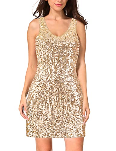 MANER Damen Pailletten Kleid Glitzer V-Ausschnitt Ärmelloses Partykleid Club Cocktail Tank Kleid, Champagner, Mittel von MANER