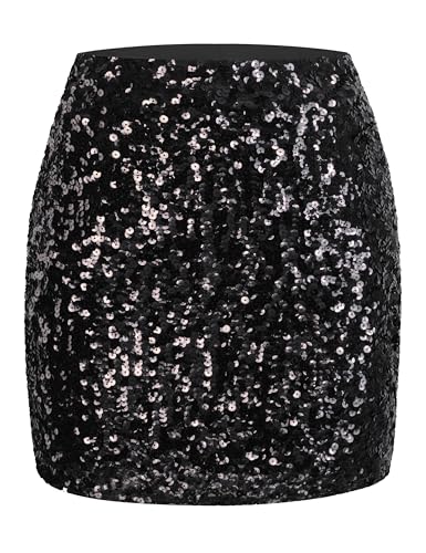 MANER Damen Pailletten Rock Glitzer Stretchy Bodycon Mini Rock Night Out Party, Schwarz, Groß von MANER