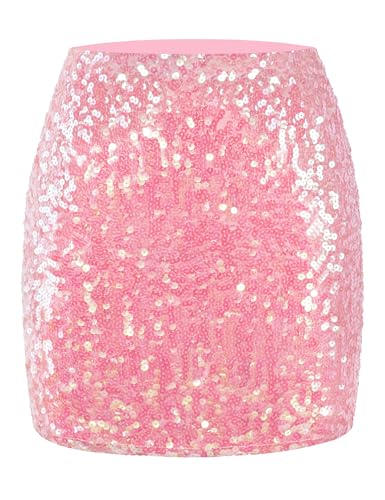 MANER Damen Pailletten Rock Sparkle Stretchy Bodycon Mini Röcke Night Out Party, Pink, Groß von MANER