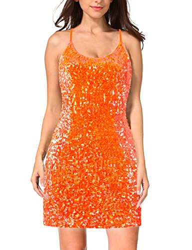 Maner Glitzer-Pailletten-Kleid für Damen mit verstellbaren Spaghettiträger – Funkelnde-Partykleider, Orange/Abendrot im Zickzackmuster (Sunset Chevron), Klein von MANER