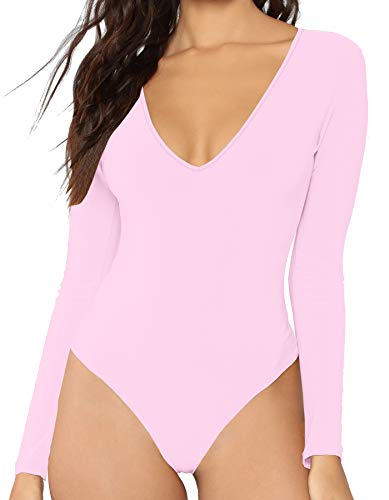 Damen V-Ausschnitt Langarm Tops Basic Bodysuit Jumpsuit, rose, Large von MANGDIUP