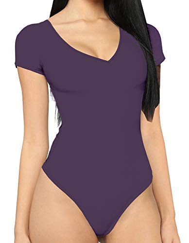 MANGDIUP Damen Langarm Tops Basic V-Ausschnitt Leotard Bodysuit (7017 Purple, L), Violett von MANGDIUP