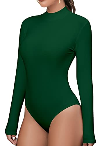 MANGDIUP Body für Frauen Stehkragen Langarm Tops Slim Fit Basic Stretch Weicher Body Jumpsuit, dunkelgrün, M von MANGDIUP