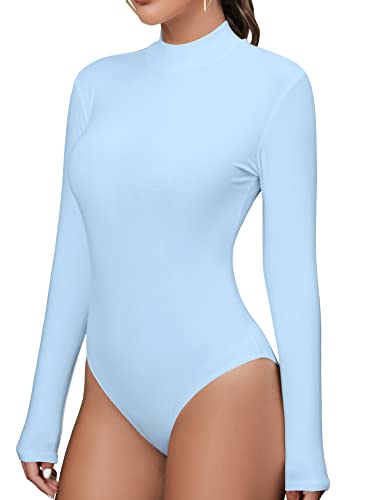 MANGDIUP Body für Frauen Stehkragen Langarm Tops Slim Fit Basic Stretch Weicher Body Jumpsuit, hellblau, L von MANGDIUP