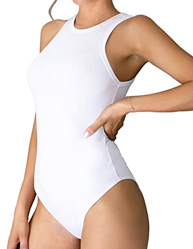 MANGDIUP Ärmelloser Damen-Body mit Rundhalsausschnitt, schmale Passform, Stretch-Baumwolle, Tank-Top, Neckholder-Jumpsuits, Weiß a, Small von MANGDIUP