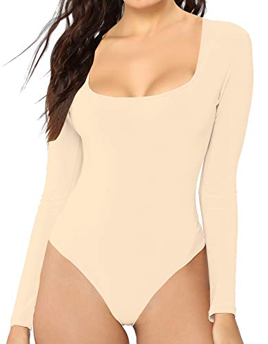 MANGDIUP Damen Body, U-Ausschnitt, langärmelig, Basic - Beige - X-Groß von MANGDIUP