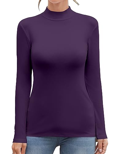 MANGDIUP Damen Mock Rollkragen Langarm Ärmellos Tops Basic Slim T-Shirts, Dunkles Violett, X-Groß von MANGDIUP