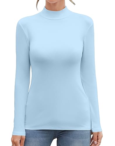 MANGDIUP Damen Mock Rollkragen Langarm Ärmellos Tops Basic Slim T-Shirts, Hell, blau, Klein von MANGDIUP