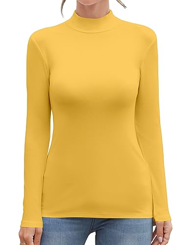 MANGDIUP Damen Mock Rollkragen Langarm Ärmellos Tops Basic Slim T-Shirts, Langärmlig Gelb, Mittel von MANGDIUP