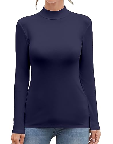 MANGDIUP Damen Mock Rollkragen Langarm Ärmellos Tops Basic Slim T-Shirts, Langärmliges Marineblau, Groß von MANGDIUP