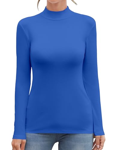 MANGDIUP Damen Mock Rollkragen Langarm Ärmellos Tops Basic Slim T-Shirts, Langarm Königsblau, Groß von MANGDIUP