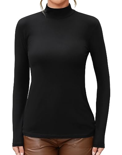 MANGDIUP Damen Mock Rollkragen Langarm Pullover Tops Slim Fit Basic Leicht Weich T-Shirts, schwarz, X-Klein von MANGDIUP