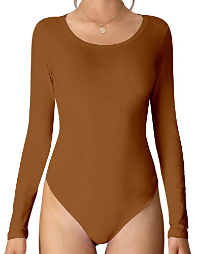 MANGDIUP Damen Rundhals Langarm Bodysuit - Stretch Baumwolle Jumpsuit Bequem Alltagskleidung, CAMEL, Medium von MANGDIUP