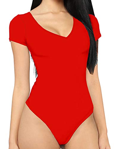 MANGDIUP Damen V Ausschnitt Kurzarm Langarm Oberteile Basic Bodysuit Jumpsuit, Kurze Ärmel, Rot, M von MANGDIUP