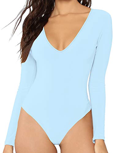MANGDIUP Damen V-Ausschnitt Langarm Kurzarm Tops Basic Bodysuit, Hell, blau, XL von MANGDIUP