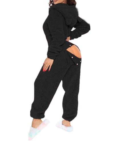 MANGGUO Damen Sexy Fleece Jumpsuit mit Kapuze und Öhrchen,Damen Overall Mit Po Klappe,Schlafanzug Einteiler Flausching Pyjama Plüsch von MANGGUO