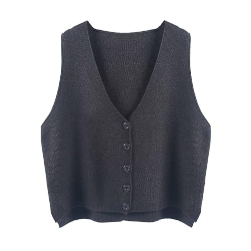 Sweater Vest,Damen Strickwesten Mode Casual Lose Einfarbig V-Ausschnitt Herbst Winter Ärmellose Knopf Strickjacke Pullover Tank Top Damen Cami Weste Bluse,Dunkelgrau von LIUYUYOUGO