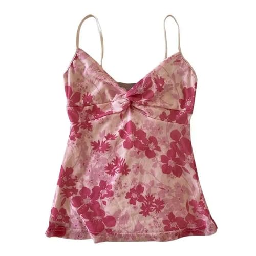 Emo Coquette Cropped Top Grunge 2000er Spaghettiträger Tops Streetwear Vintage Camisole Y2k Gepard Tops, Hot Pink Blumenmuster, Mittel von MANGMAO