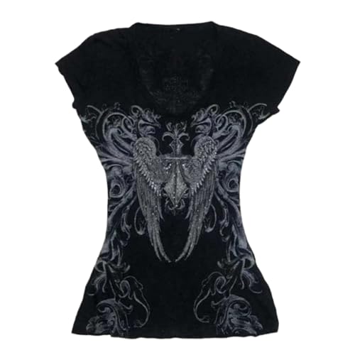 Grunge Shirts 2000er Jahre Kleidung Damen Vintage Graphic Tees Y2k Kurzarm Goth Tops Teens Emo Kleidung Streetwear, Schwarz Weiß, Klein von MANGMAO