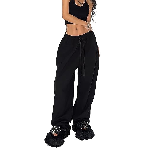 MANGMAO Weites Bein Jogginghose Frauen Baggy Hosen Y2k Straight Leg Jogginghose mit Taschen Low Rise Y2k Hosen, Schwarz, M von MANGMAO