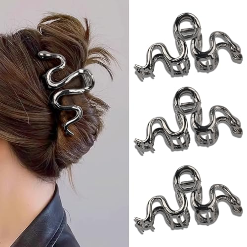 3 schwarze Schlangen-Haarklammern für Damen und Mädchen, Hiphop-Metall, groß, mittlere Größe für dickes, dünnes Haar, Pistolenschwarz, Haarschmuck, Party-Geschenk von MANGOIT