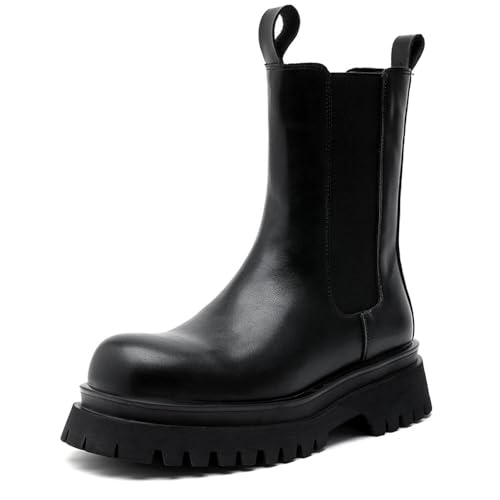 Chelsea-Stiefel für Herren, hohe Oberseite, britischer Stil, dicke Sohle, zum Überziehen, mittelhohe Wade, Motorradstiefel, Schwarz, 42 EU von MANLADUO
