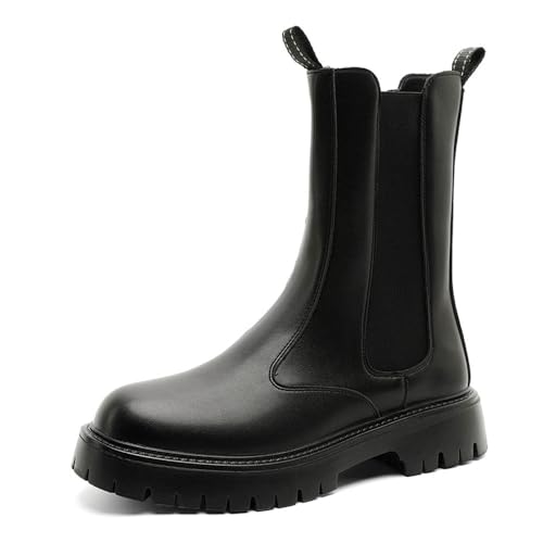 Chelsea-Stiefel für Herren, hoher Reißverschluss, dicke Sohle, Schaft, britischer Stil, hohe Reiterstiefel, Schwarz, 44 EU von MANLADUO
