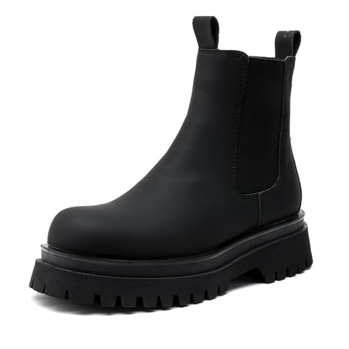 Herren Chunky Sole Retro Chelsea Boots Mid Top Casual Vielseitige Stiefeletten, Schwarz, 41 EU von MANLADUO