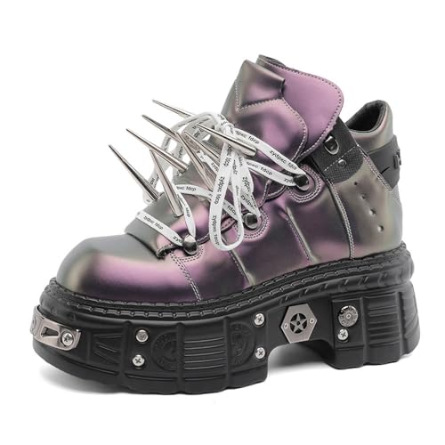 Herren Dicke Sohle Höhe Erhöhung Arbeitsschuhe Retro Metall Mode Britischer Stil Einzigartige Freizeitschuhe, Violett, 40 EU von MANLADUO