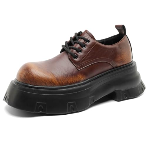 Herren Distressed Plateau Arbeitsschuhe Höhe Erhöhung Casual Lederschuhe Britischer Vintage-Stil, Braun, 42 EU von MANLADUO