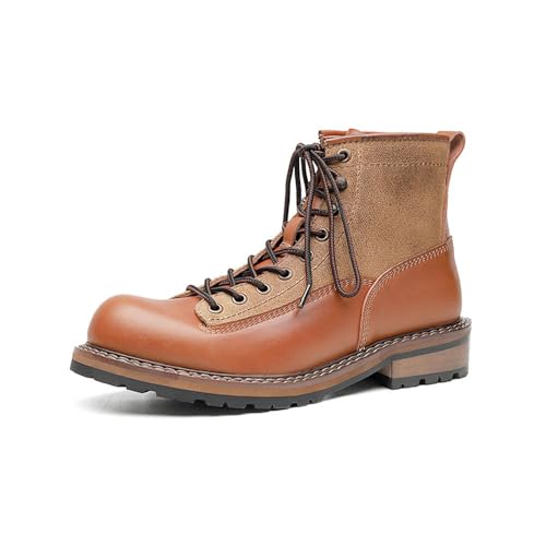 Herren Echtleder Colorblock Freizeitstiefel Mode Arbeit Leder High Top Motorradstiefel, Braun, 42.5 EU von MANLADUO