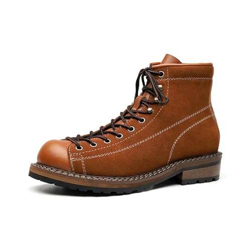 Herren Echtleder Vintage Arbeitsstiefel Mid Top British Style Motorrad Mode Stiefel, Braun, 41.5 EU von MANLADUO