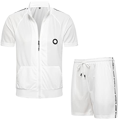 Herren Jogginganzug, Kurze Trainingsanzug Sportanzug für Herrens Kurzarm Shirts Mit Kurze Hose Sets Trainingsanzug Short Einstellen Joggen Kapuzenpulli Zip Jacke Jogginghose Sporthose Weiß L von MANLUODANNI